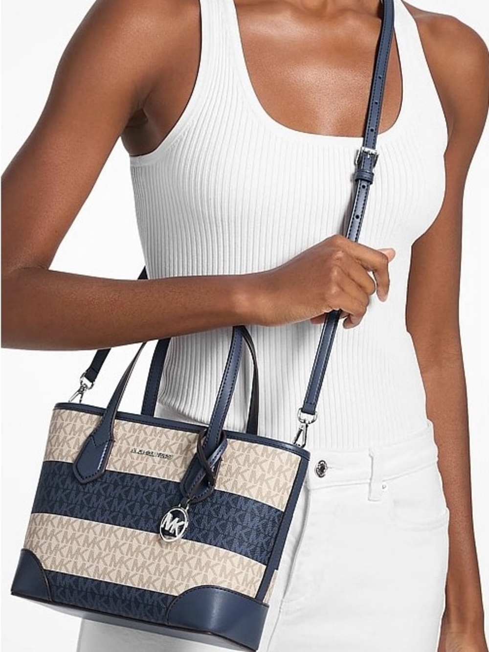 NWT Michael Kors Eva Navy and Beige Signature Stripe Crossbody Tote, & handles